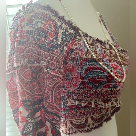 [S] GUESS Pink Floral Print Festival Inspired Crop Top with Lettuce Detail - Picture 8 of 10